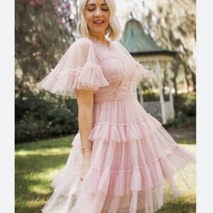 Ivy City Co Pink Flutter Sleeve Midi Dress